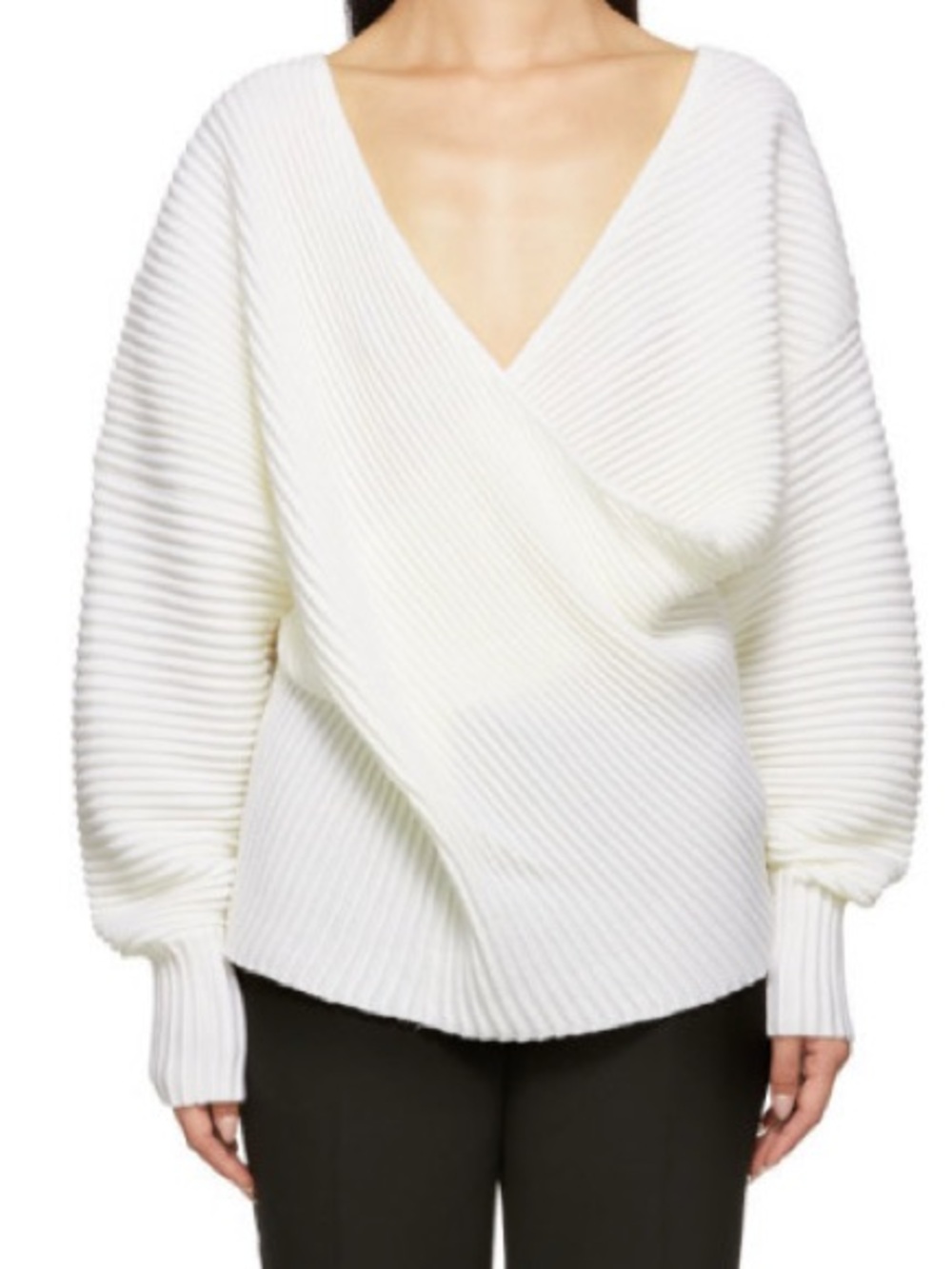 Victoria Victoria Beckham Off White Drape Front V-Neck Sweater Oversized XS